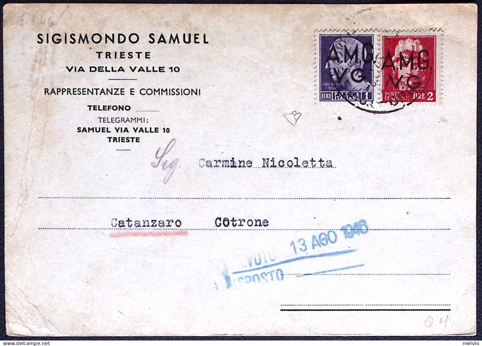 1947-AMG VG L.1+ L.2 Su Cartolina Con Intestazione Sigismondo Samuel Trieste - Marcophilia