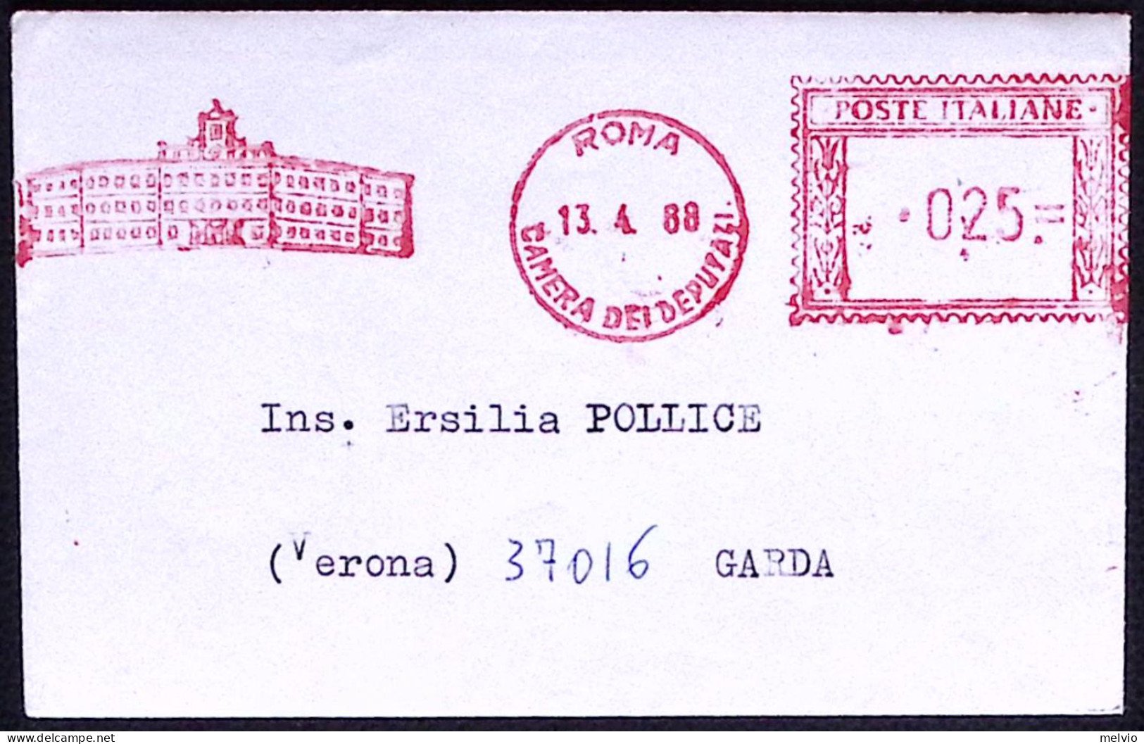 1988-affrancatura Meccanica Rossa Da L.25 Roma Camera Dei Deputati Su Biglietto  - Machines à Affranchir (EMA)