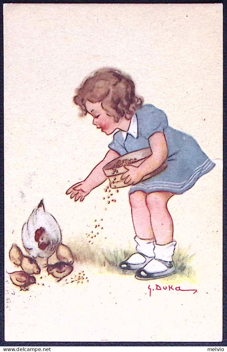 1947-AMG VG L.3 Su Cartolina Di Bimba Che Dà Da Mangiare Ai Pulcini Disegnatore  - Marcophilia