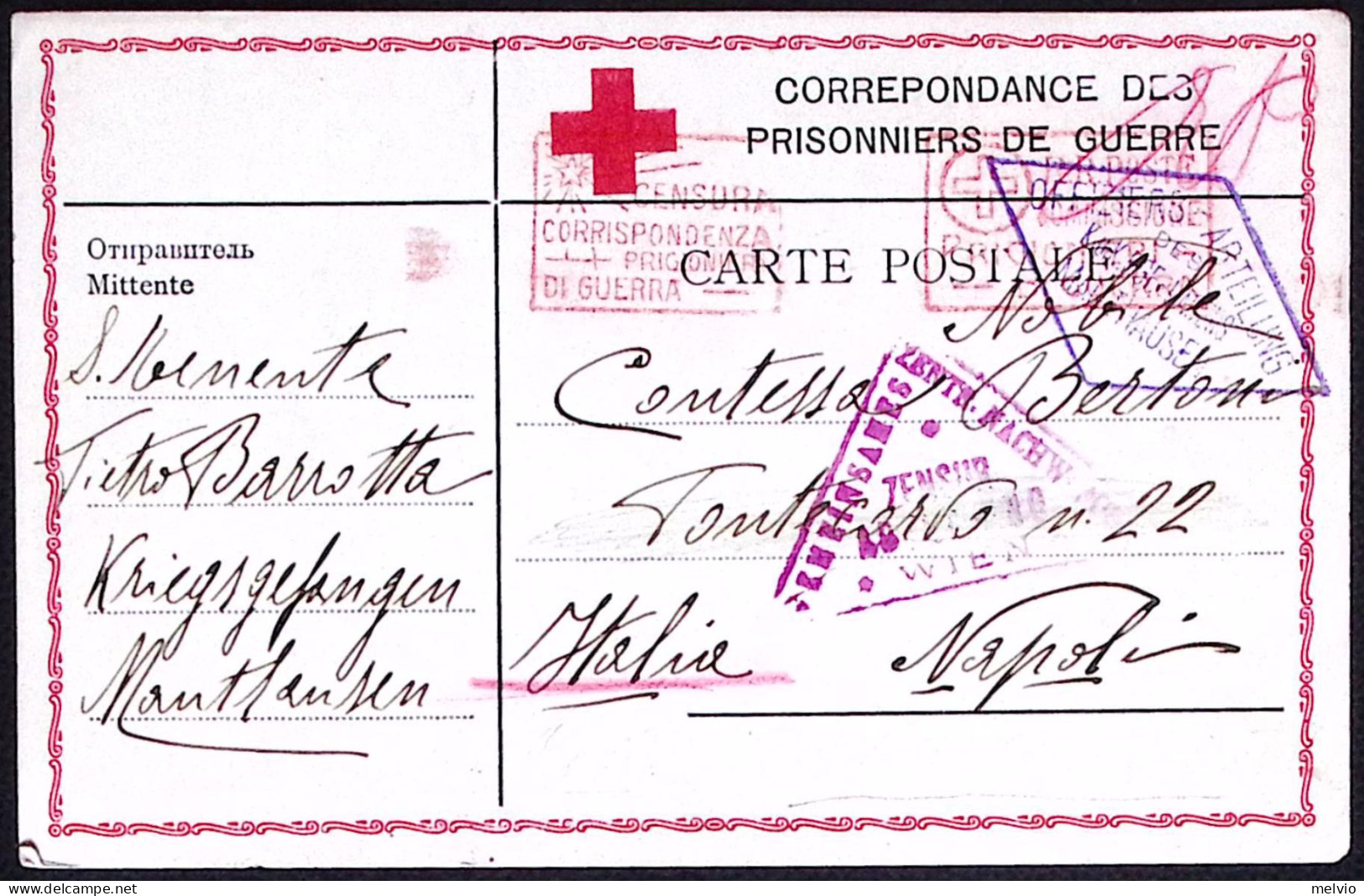 1916-Croce Rossa Cartolina Postale Prigioniero Di Guerra In Manthausen - Rotes Kreuz