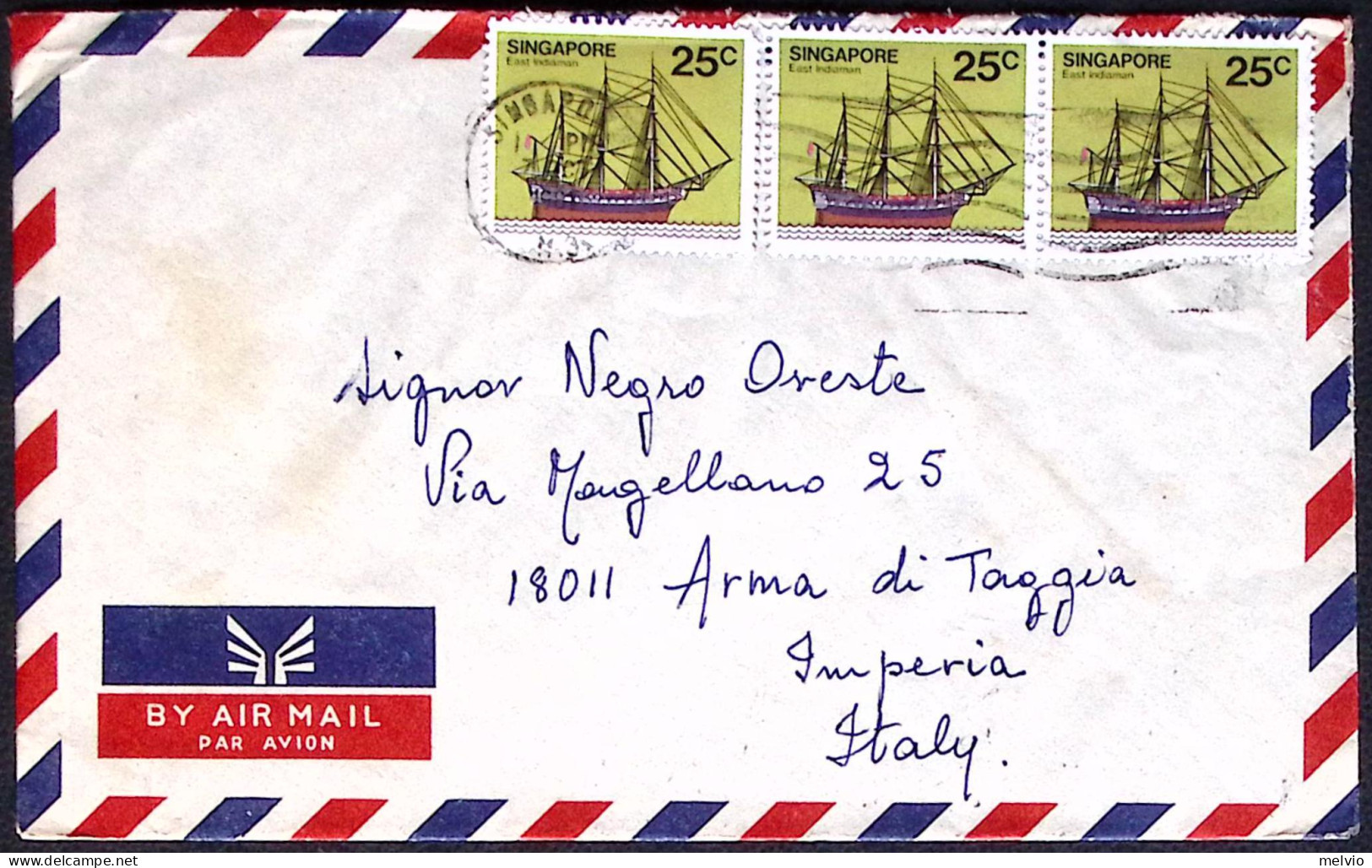 1980-Singapore Striscia 25c. East Indiaman Su Lettera Per L'Italia - Singapour (1959-...)