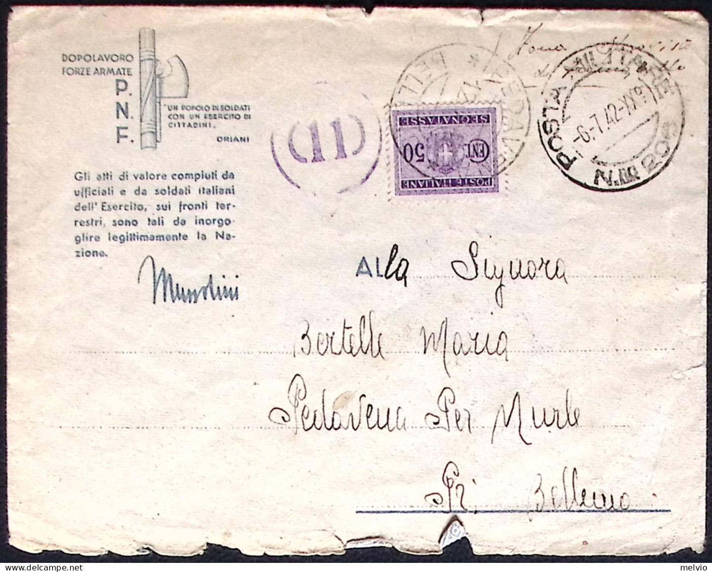 1942-annullo Posta Militare N.ro 206 Del 6.7 Tassata In Arrivo A Belluno - Storia Postale