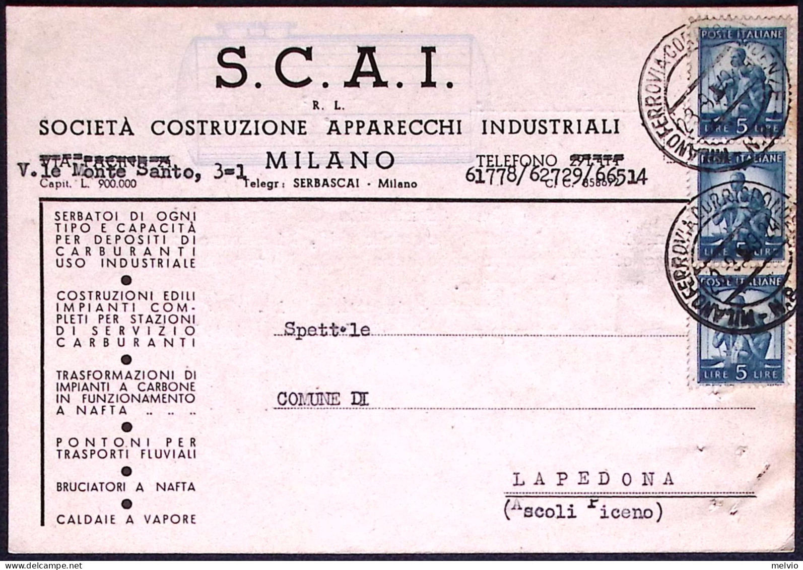 1949-S.C.A.I. Società Costruzione Apparecchi Industriali Milano Intestazione Car - 1946-60: Marcophilia