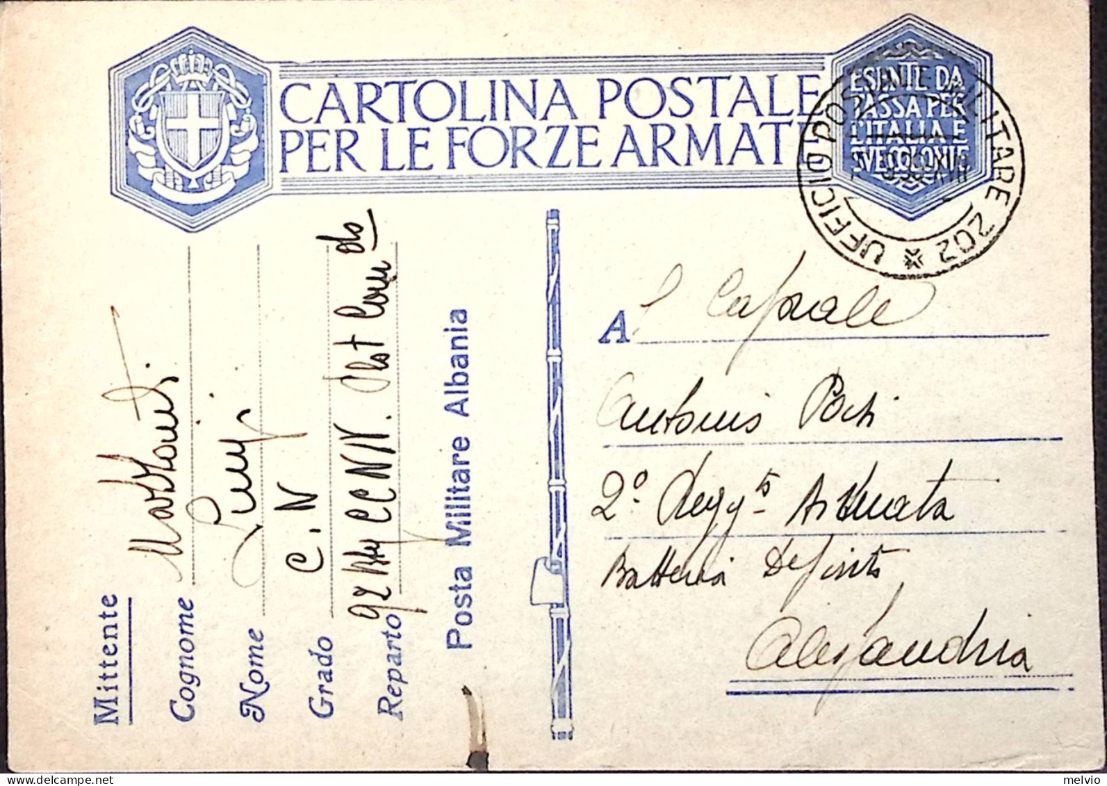 1939-92 Battaglione CC. NN. Manoscritto Su Cartolina Franchigia Albania Ufficio  - Storia Postale