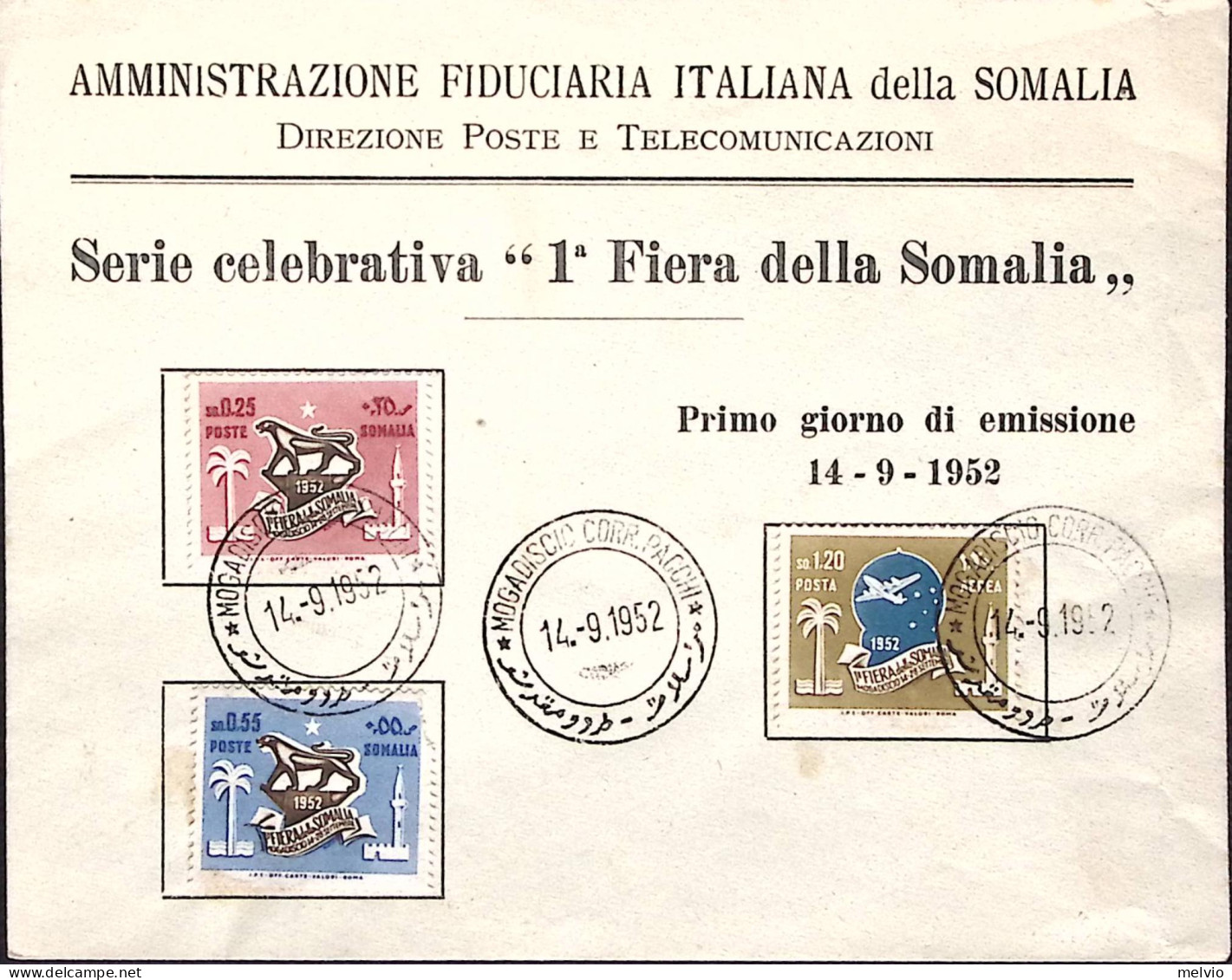 1952-SOMALIA A.F.I.S. 1 Fiera Della Somalia Serie Completa Su Busta Fdc - Somalie (AFIS)