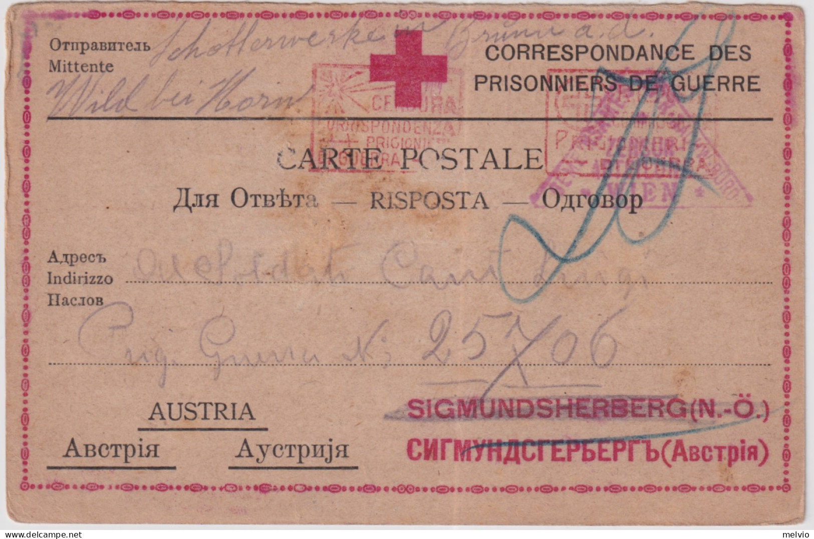 1917- CROCE ROSSA IT. CORRISPONDENZA DEI PRIGIONIERI DI GUERRA FRANCHIGIA - Croix-Rouge