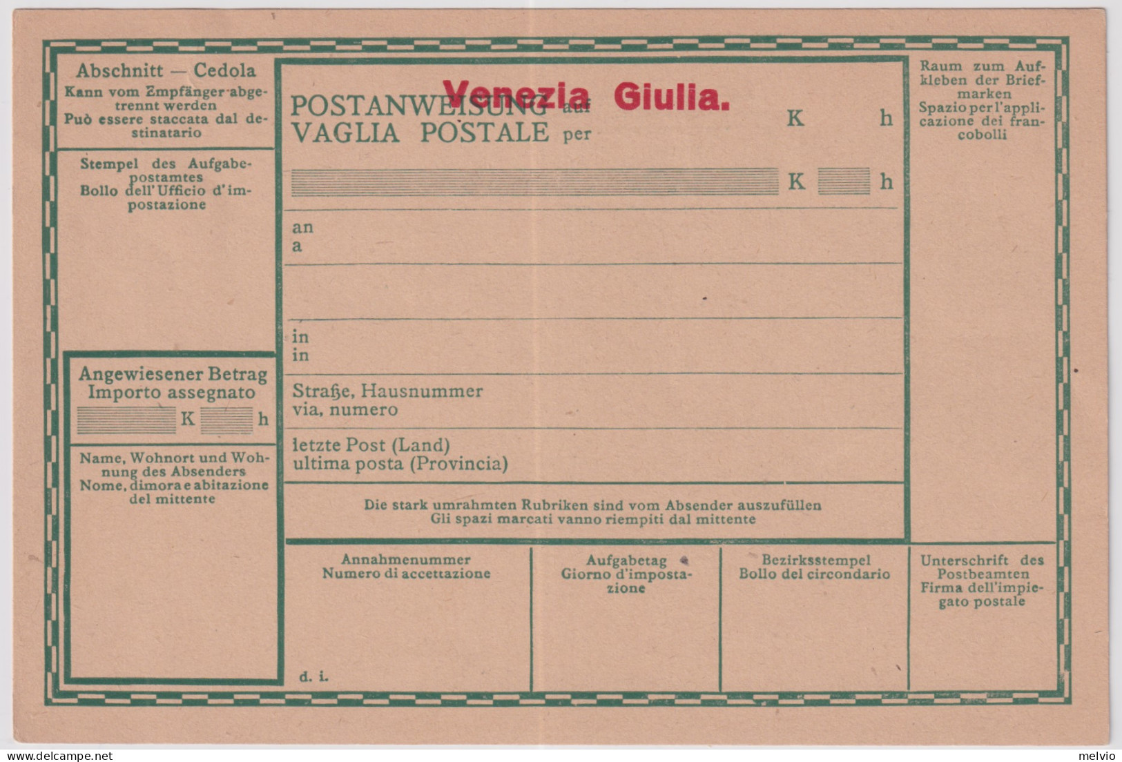 1918-Venezia Giulia Modulo Per Vaglia Postale Bilingue Soprastampato Venezia Giu - Venezia Giulia