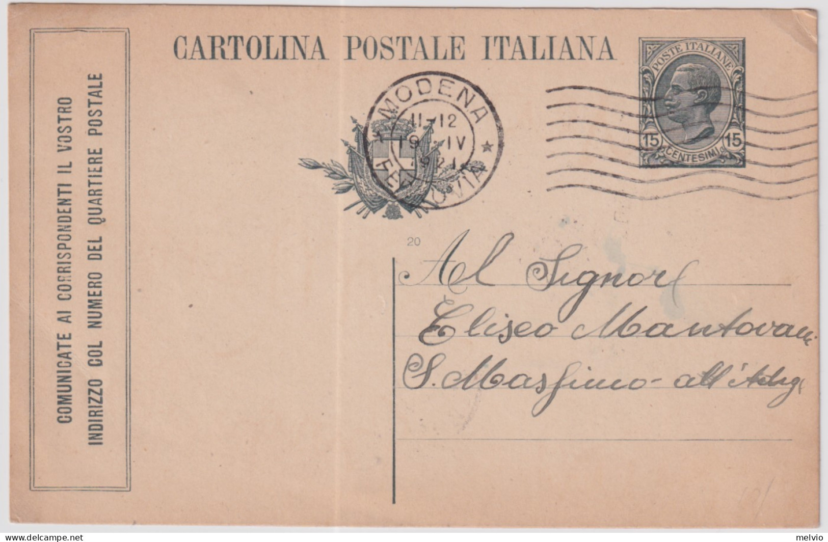 1920-cartolina Postale 15c. Ardesia Leoni Tassello Comunicante Ai Corrispondenti - Storia Postale