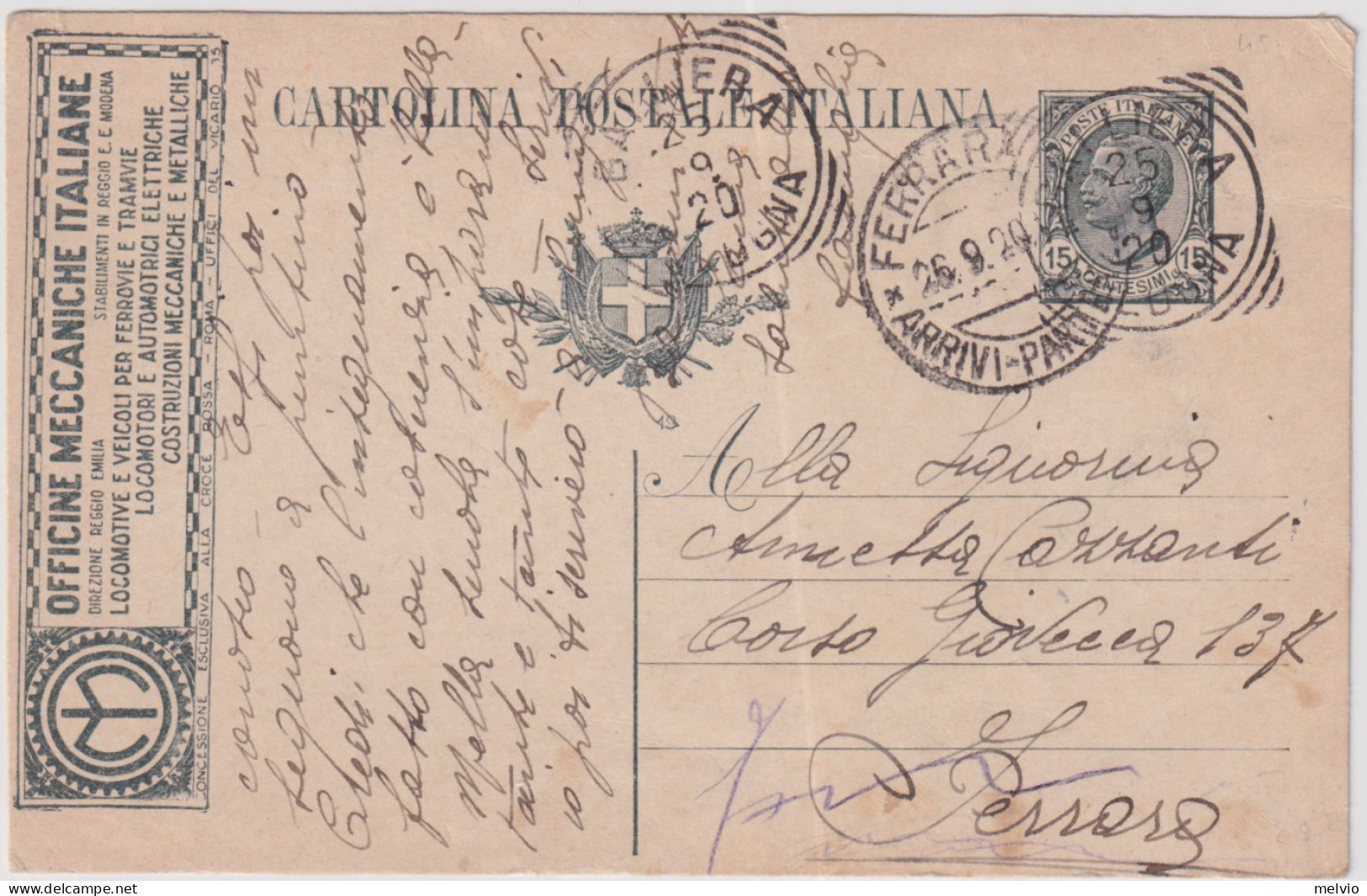 1920-cartolina Postale 15c. Ardesia Leoni Tassello Officine Meccaniche Italiane, - Storia Postale