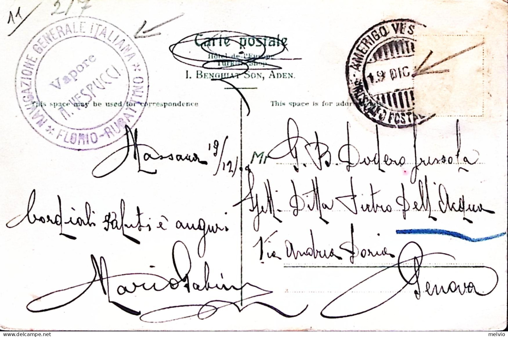 1900-AMERIGO VESPUCCI/PIROSCAFO POSTALE ITALIANO C.2 (19.12) E Tondo Su Cartolin - Marcophilie