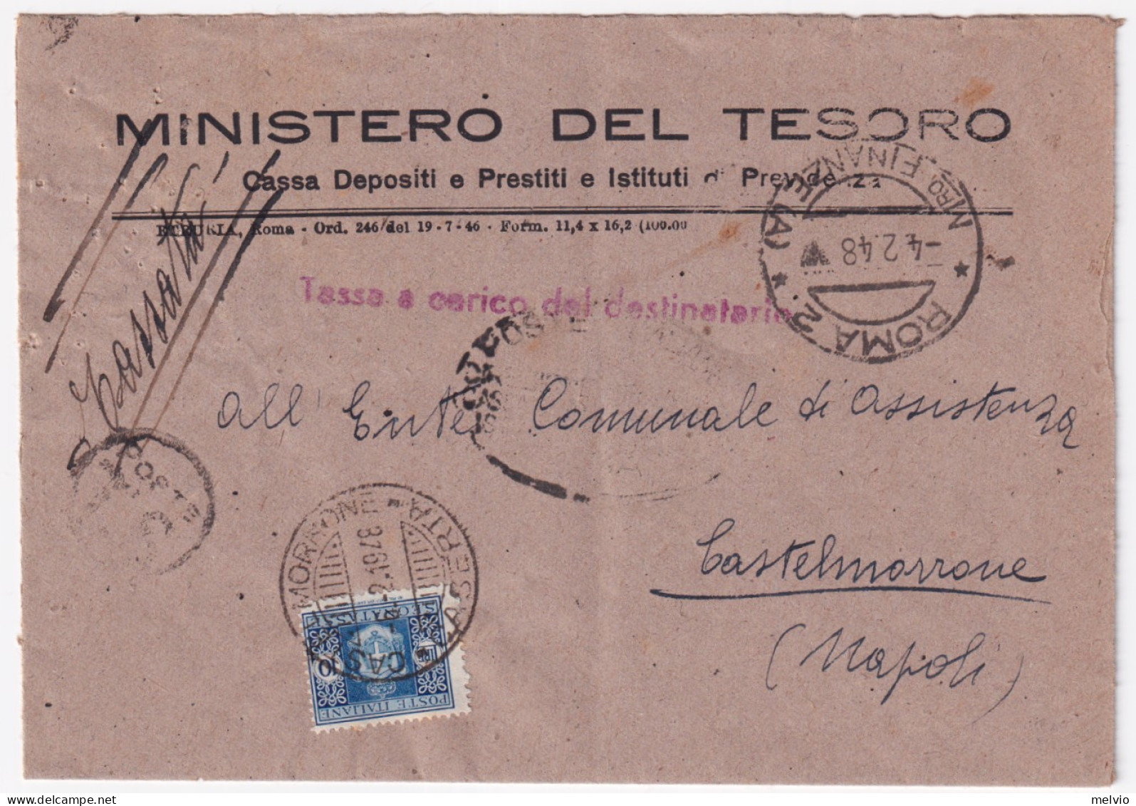 1948-Segnatasse Lire 10 (95) Apposto Castelmorrone (6.2) Su Busta Tassa Carico D - 1946-60: Marcophilia