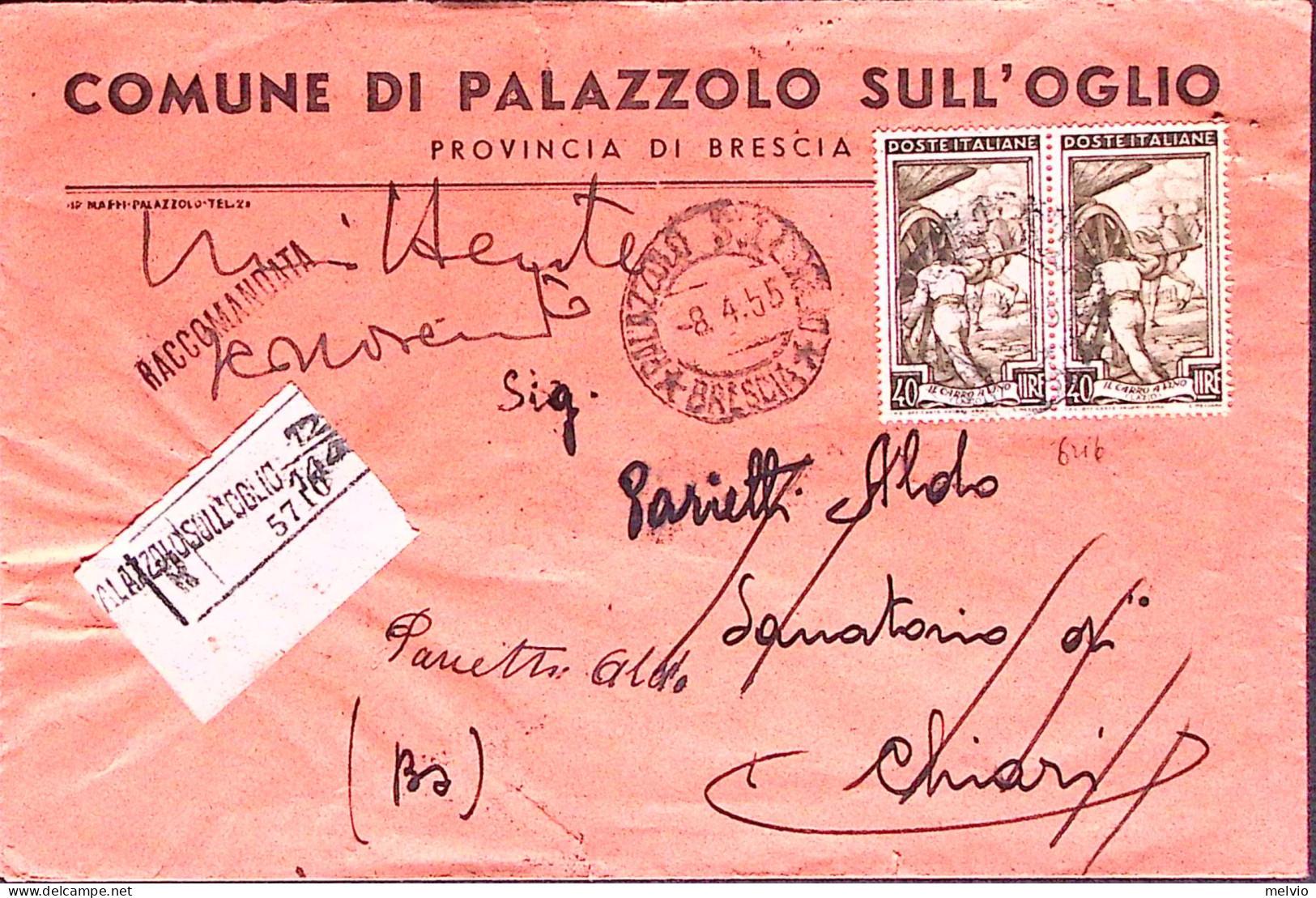 1955-ITALIA LAVORO Coppia Lire 40, Su Raccomandata Palazzolo S/Olio (8.4) - 1946-60: Marcophilie