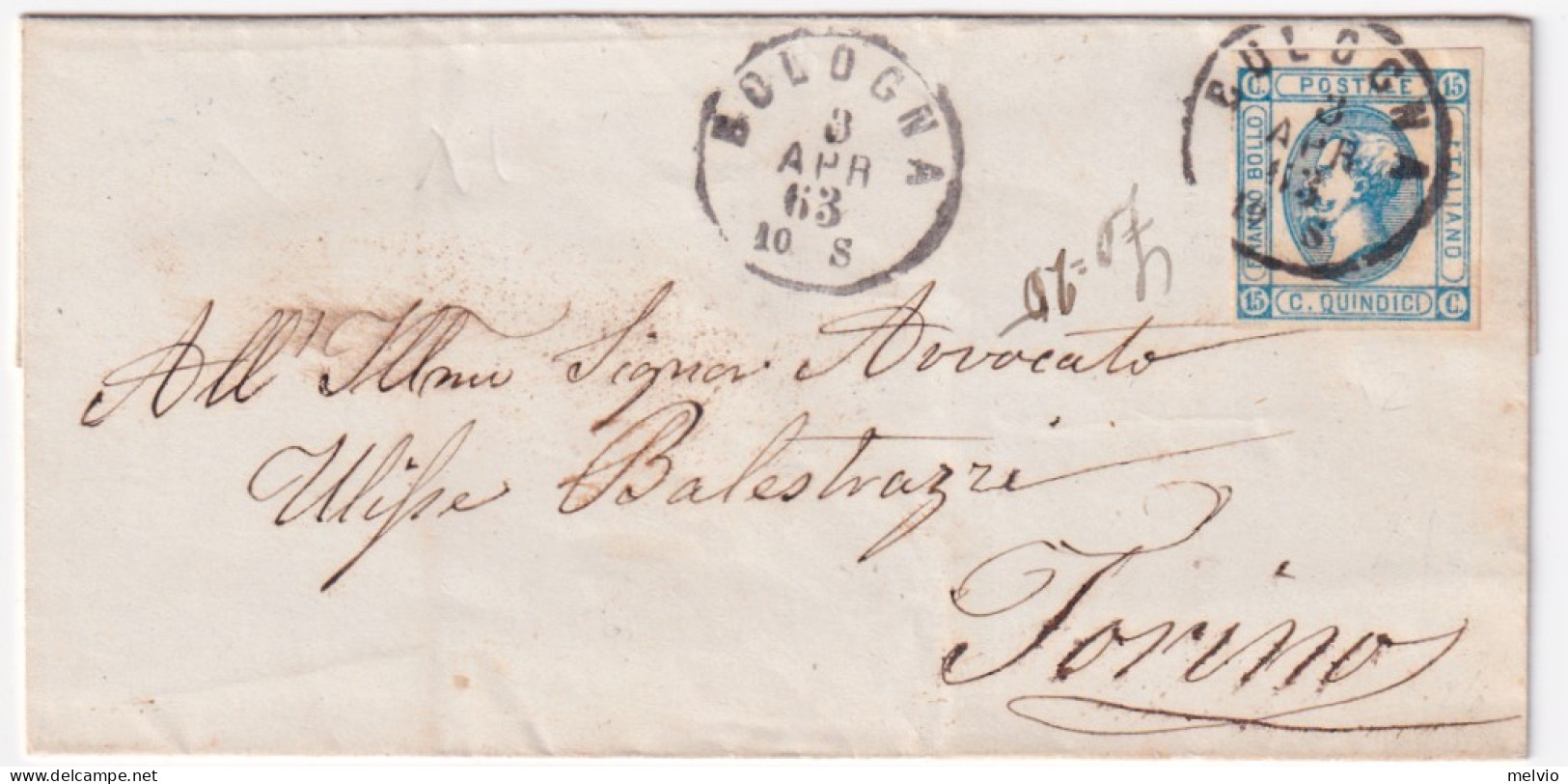 1863-effigie C. 15 (12) Su Soprascritta Bologna (3.4) - Poststempel