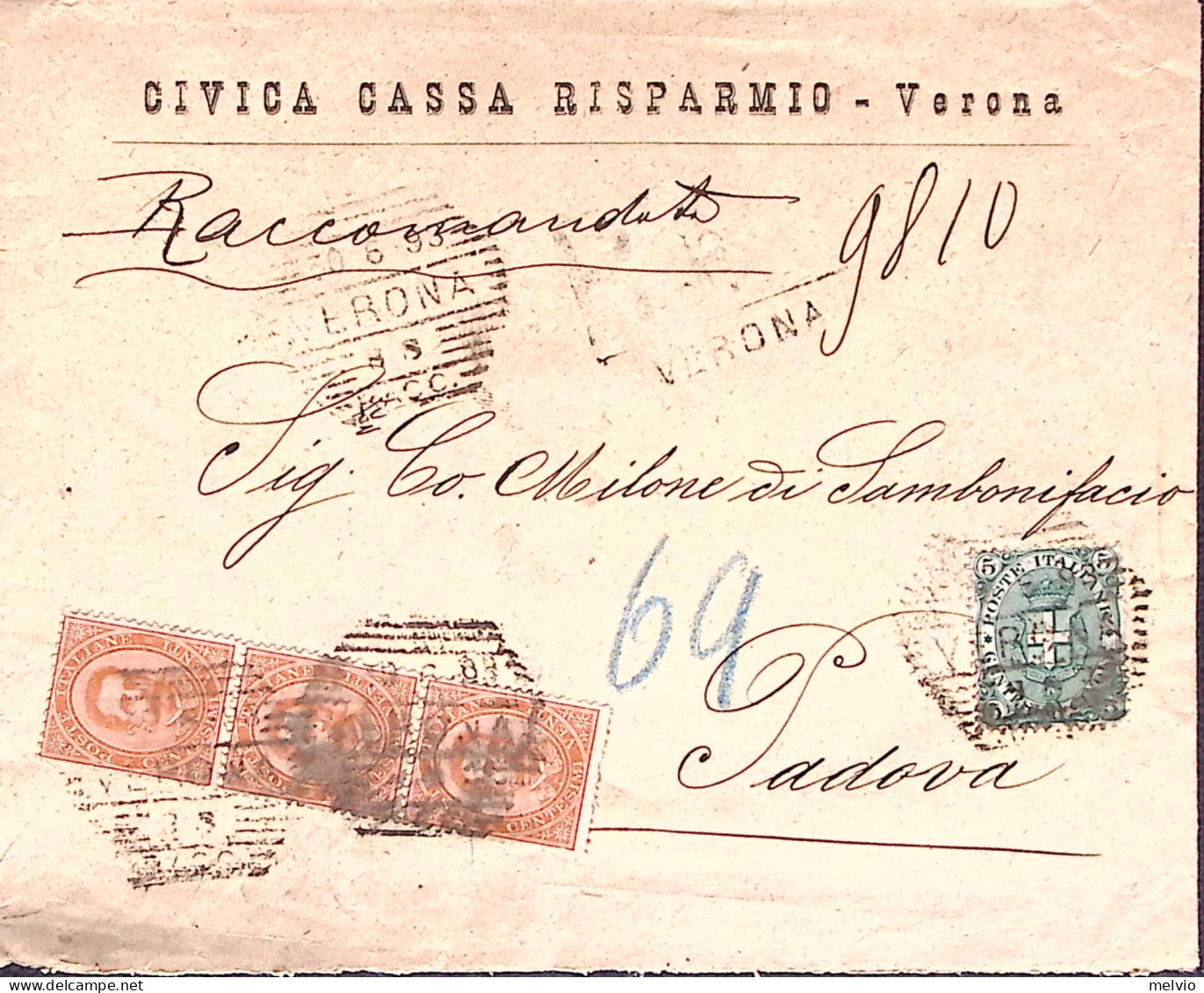 1893-effigie C.5 E Striscia Di Tre C.20 Su Raccomandata Verona/RACC. Annullo Esa - Marcophilia