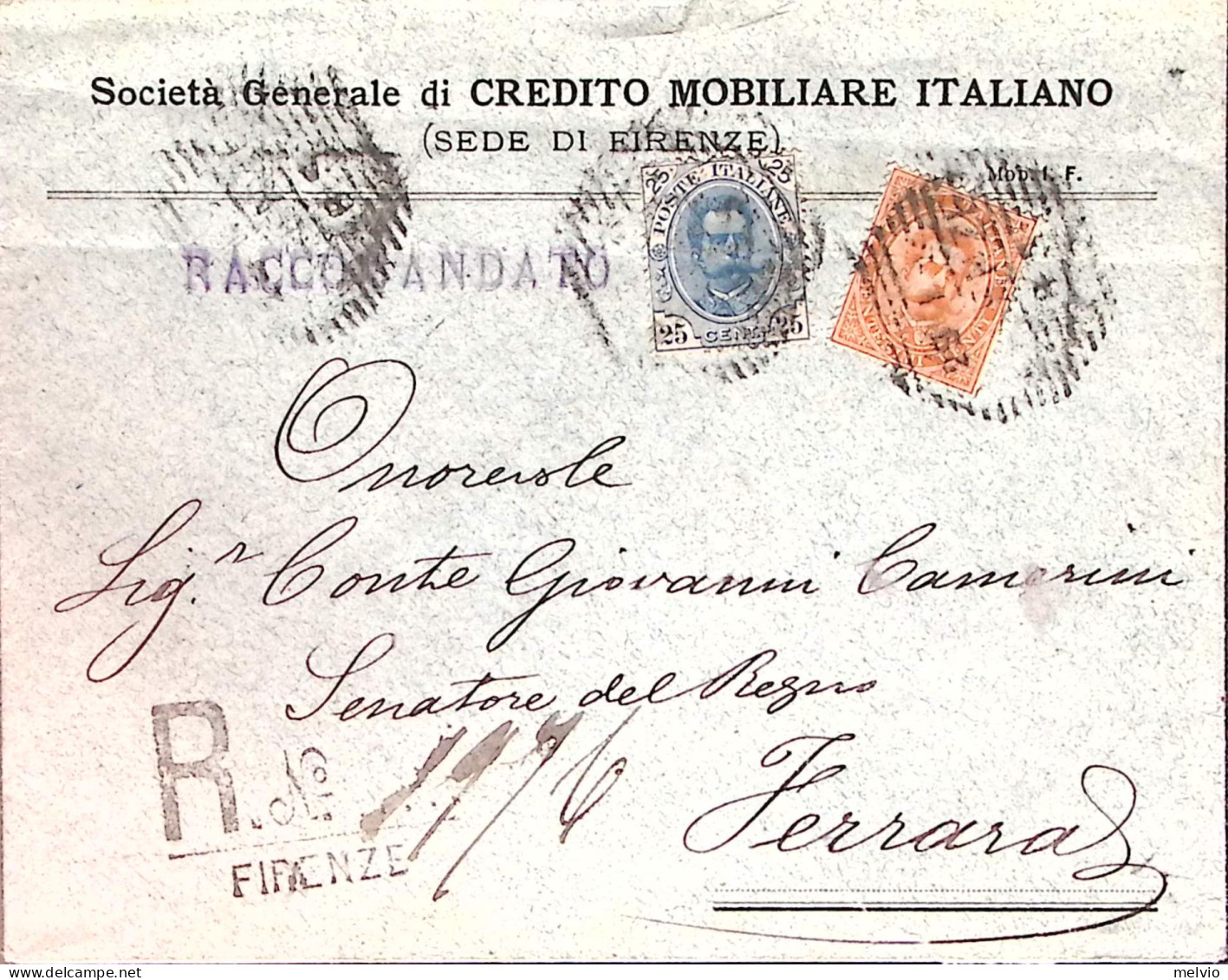 1893-effigie C.20 E C.25 Su Raccomandata Firenze (29.1) - Marcophilie