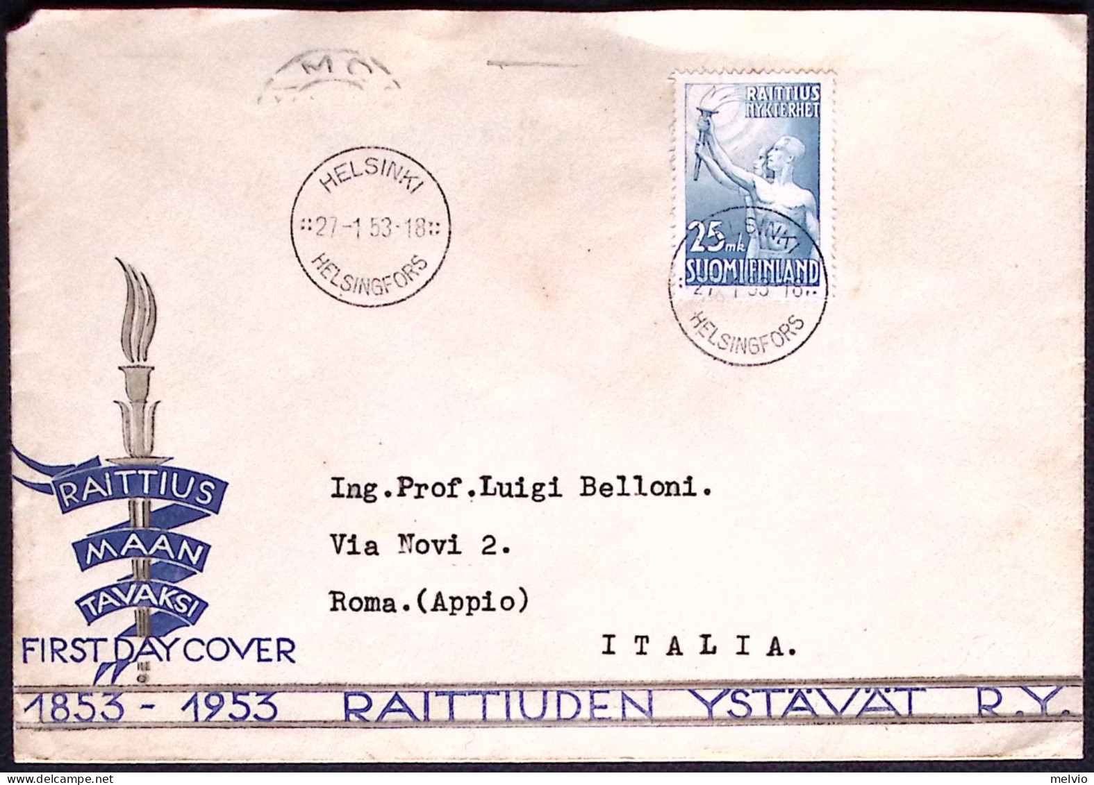 1953-Finlandia 25m. Centenario Movimento In Favore Della Temperanza Su Fdc - Lettres & Documents