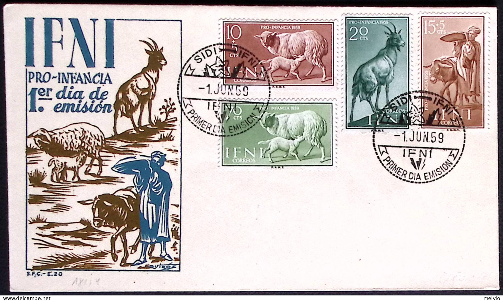 1959-Ifni 4 Valori Pro Infanzia, Animali Domestici Su Busta Illustrata Con Annul - Ifni
