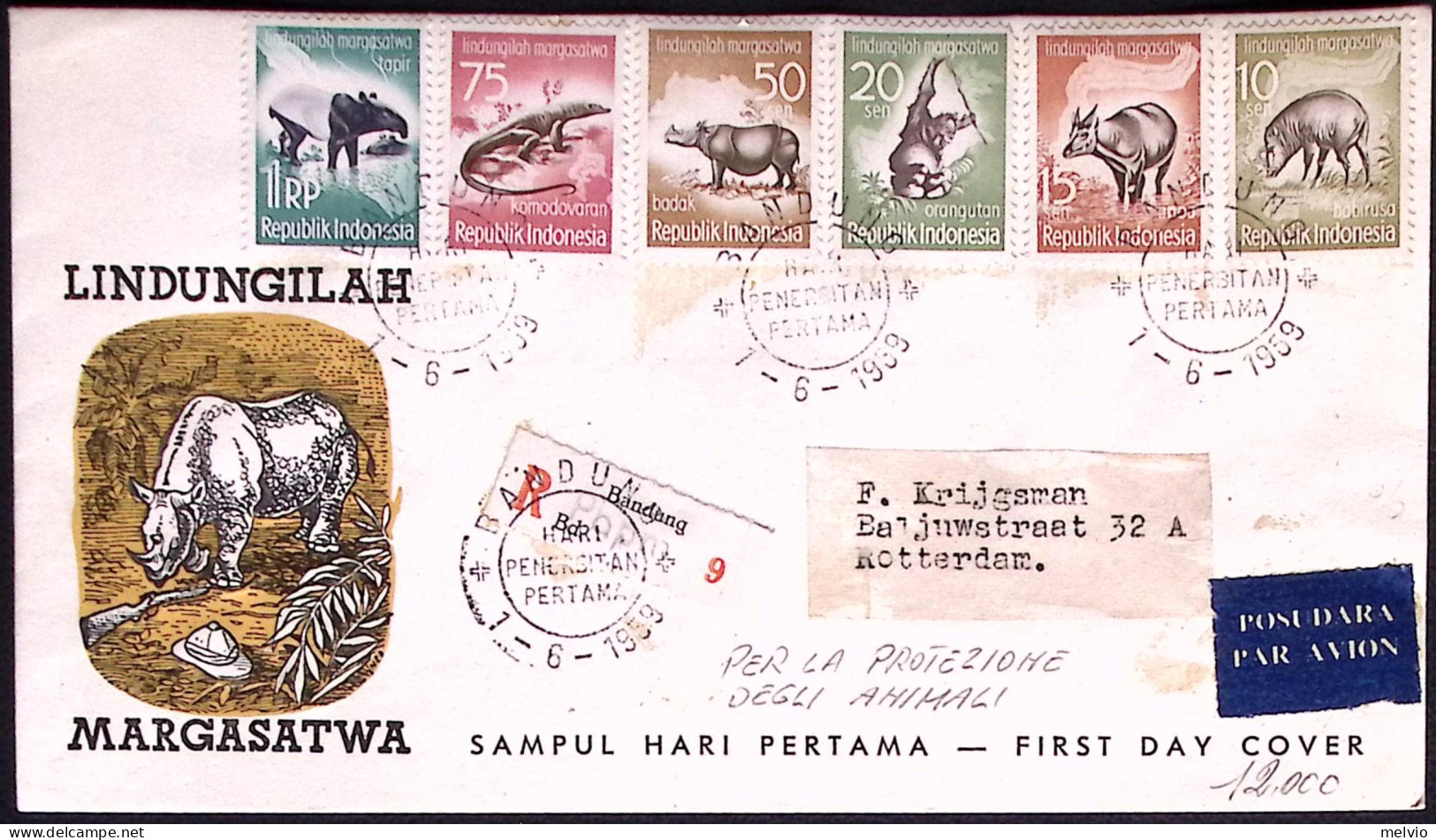 1959-Indonesia 10 Valori Protezione Degli Animali Su Busta Illustrata Raccomanda - Indonesia