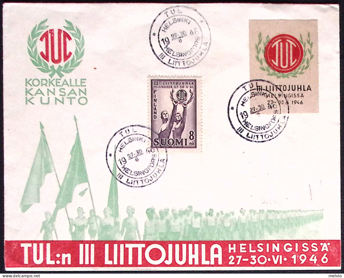 1946-Finlandia Busta Illustrata Affrancata Con 8m. III^Liittojuhla + Erinnofilo - Covers & Documents