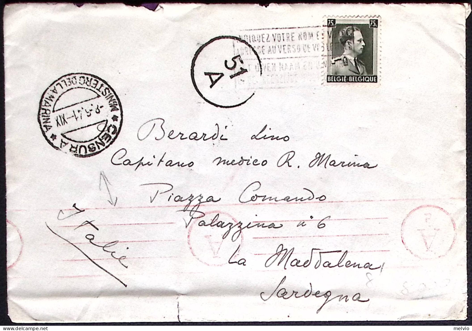 1941-Belgio Lettera Affrancata 75c. Diretta In Italia Con Bollo E Fascetta Di Ce - Lettres & Documents