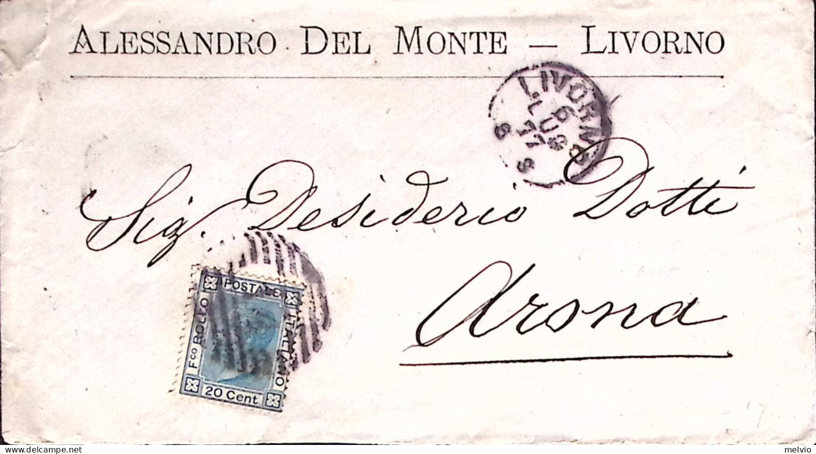 1877-Regno Testatina Alessandro Del Monte Livorno Con Affrancatura 20 C. V.E. II - Marcophilia