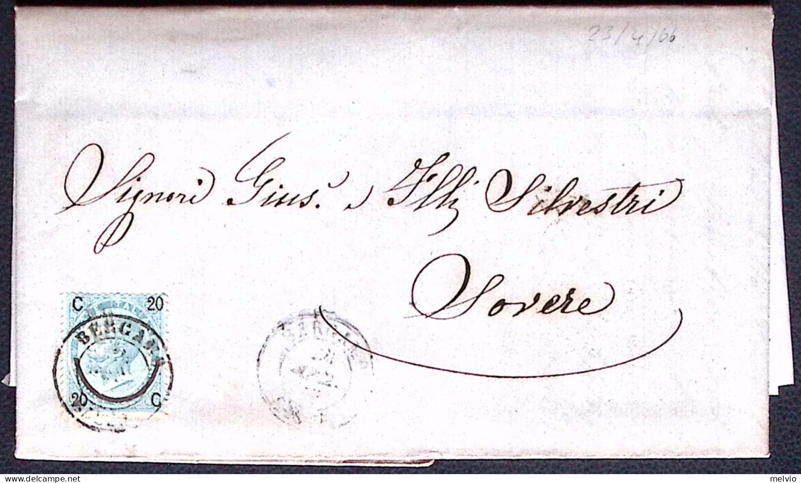 1866-lettera Affrancata 20 C.su 15 C.celeste Chiaro I Tipo Annullo Di Bergamo - Marcophilia