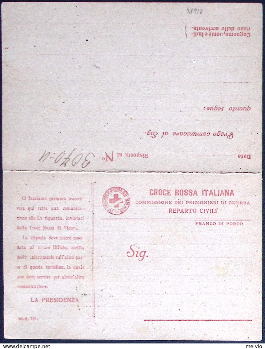 1918-cartolina Doppia Della Croce Rossa Italiana Commissione Dei Prigionieri Di  - Croix-Rouge