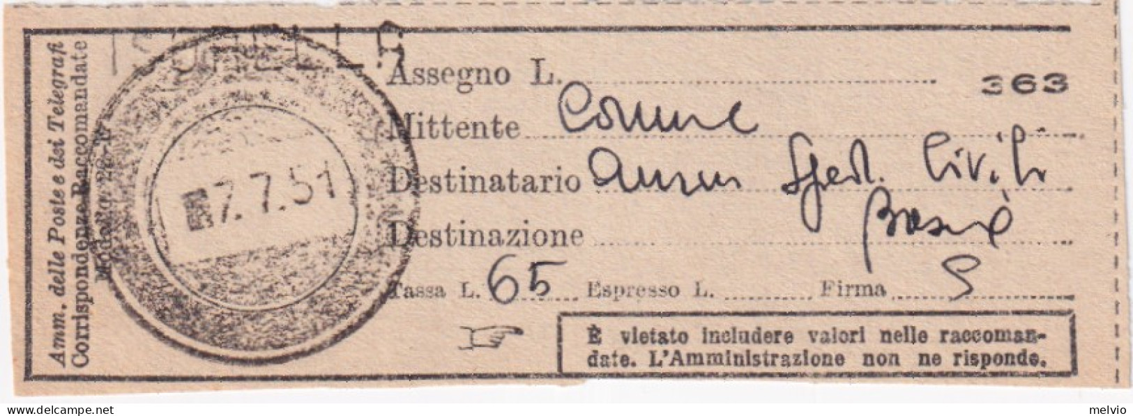 1951-ISORELLA SD+DATARIO MUTO (7.7) Su Ricevuta Raccomandata - 1946-60: Storia Postale