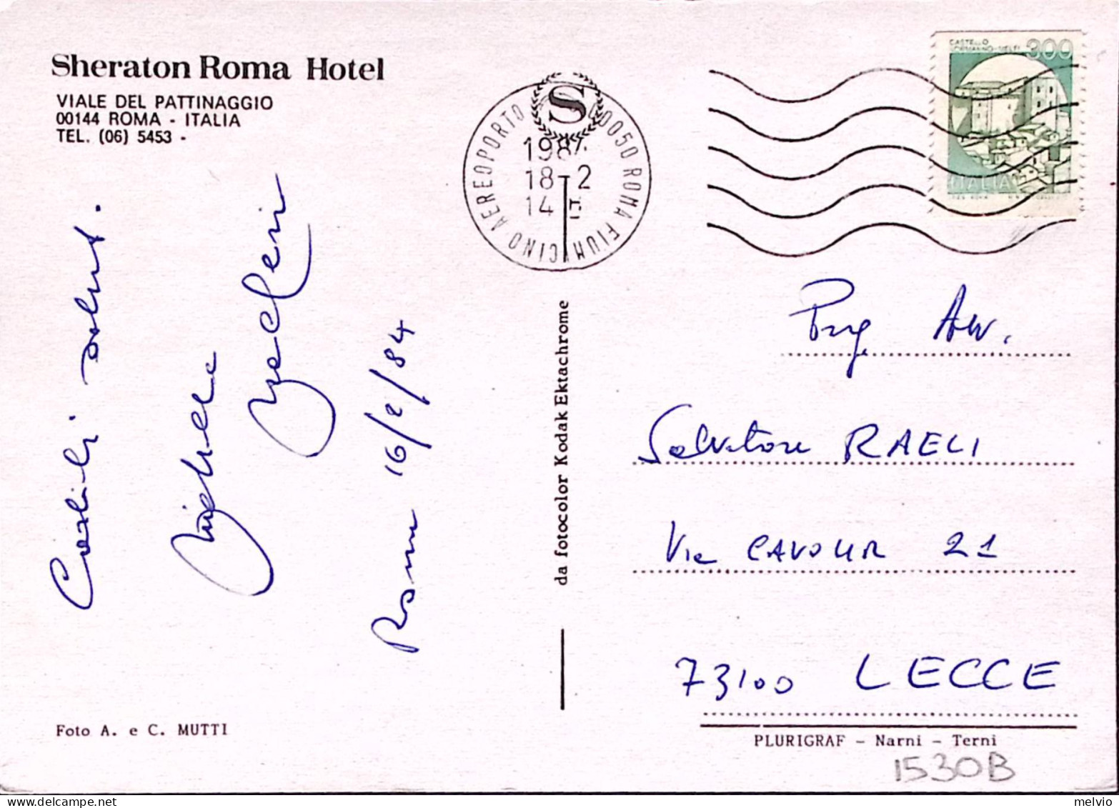 1987-CASTELLI Per Macchinette Lire 300 Isolato Su Cartolina (Sheraton Roma Hotel - 1981-90: Marcophilia