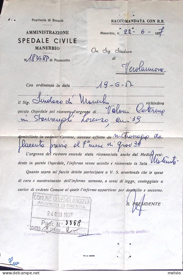 1957-O.N.U. Lire 60 Isolato Su Piego Raccomandato Manerbio (22.6) - 1946-60: Storia Postale