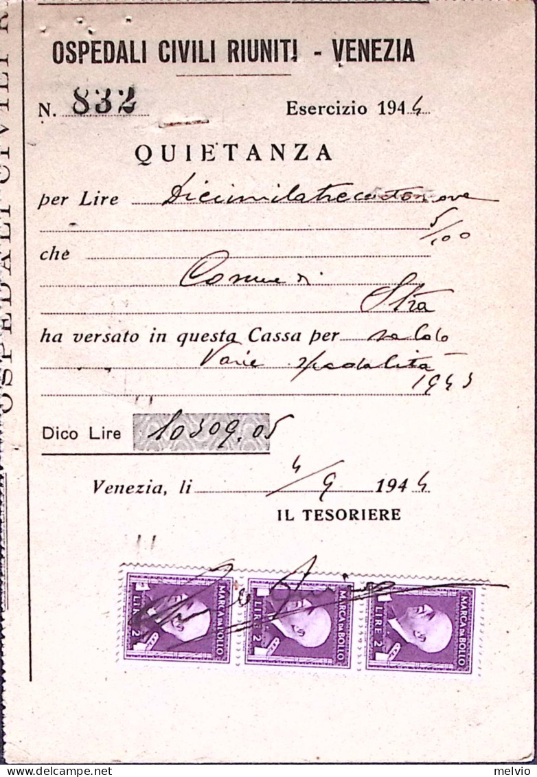 1944-MARCA DA BOLLO Striscia Di Tre Lire 2 Come Ricevuta Al Verso Cartolina Vene - Marcophilia