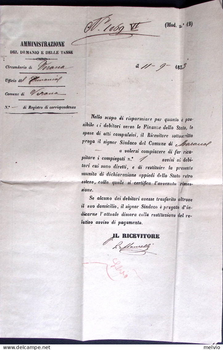 1873-VERONA C1 (11.9) Su Lettera Completa Di Testo + Bollo Azzurro Uff.del Deman - Marcophilia
