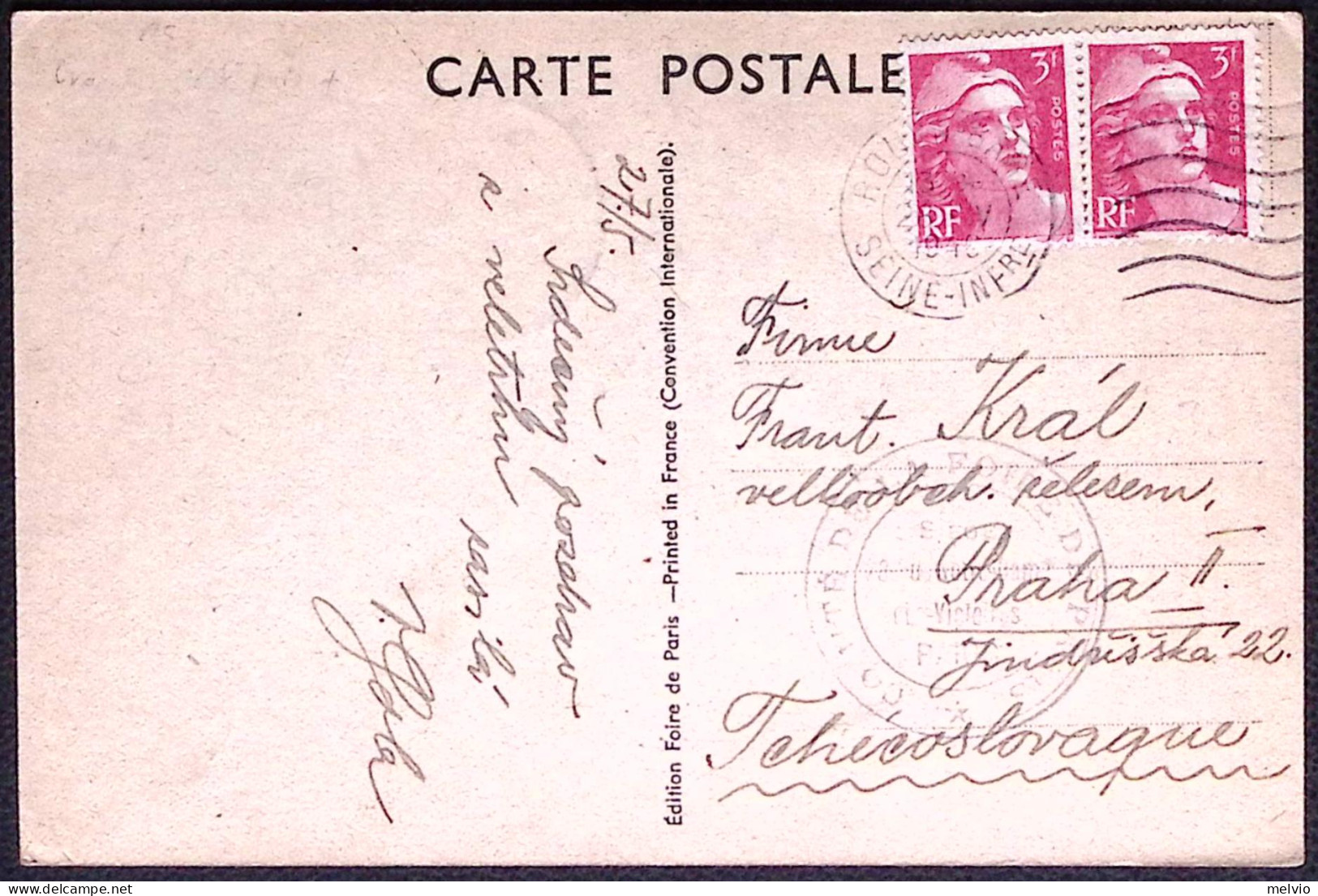 1945-Francia Cartolina Fiera Di Parigi Per La Cecoslovacchia - Briefe U. Dokumente