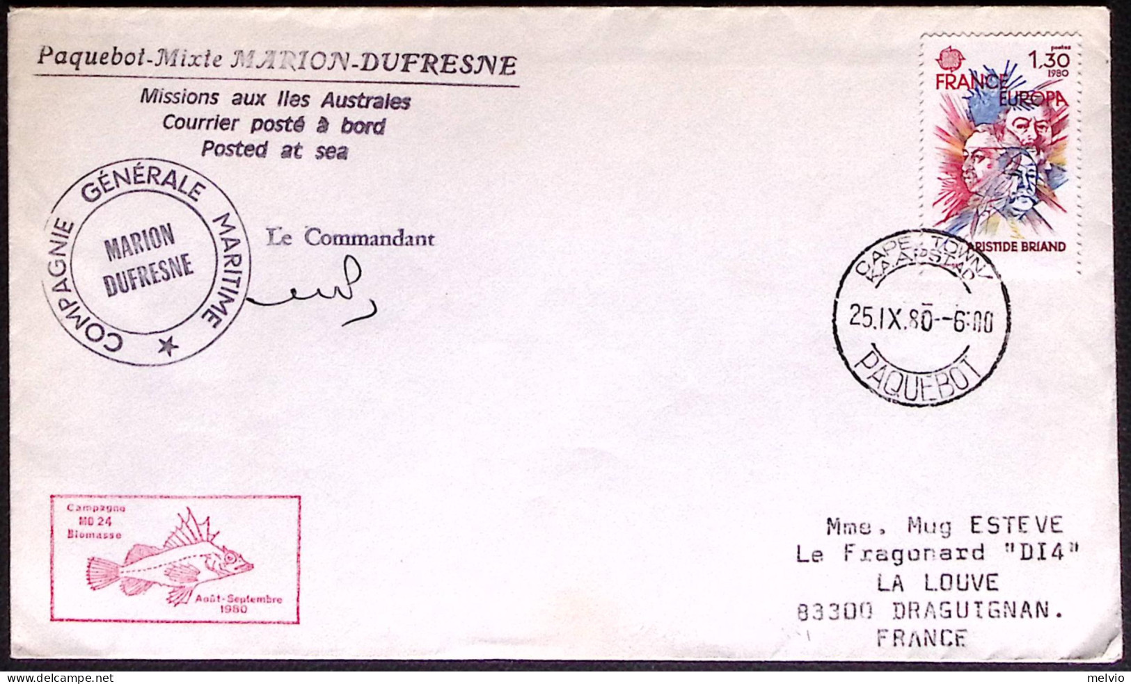 1980-Francia Lettera Spedita Paquebot Mixte Marion Dufresne Mission Aux Iles Aus - Briefe U. Dokumente