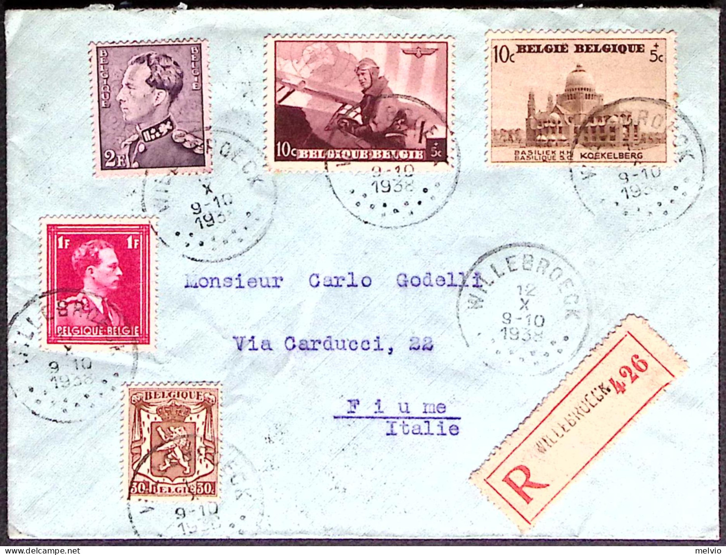 1938-Belgio Raccomandata Diretta A Fiume Italia Con Affrancatura Multipla - Covers & Documents