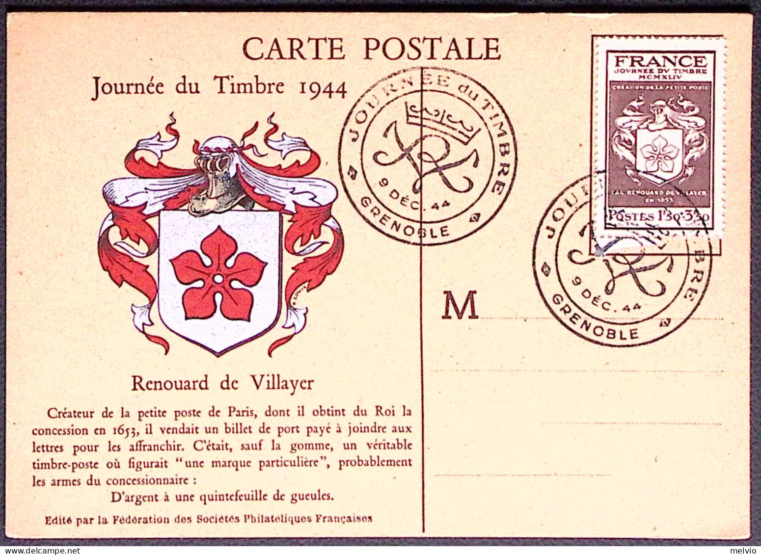 1944-Francia Cartolina Maximum Giornata Del Francobollo Annullo Fdc - Briefe U. Dokumente