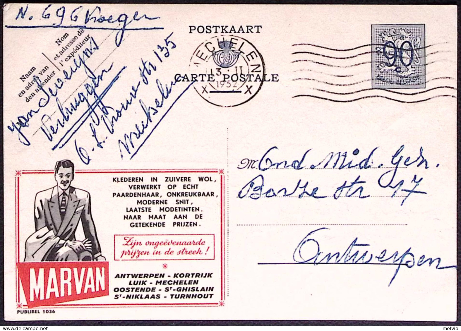 1952-Belgio Intero Postale 90c. Pubblicità Marvan - Covers & Documents