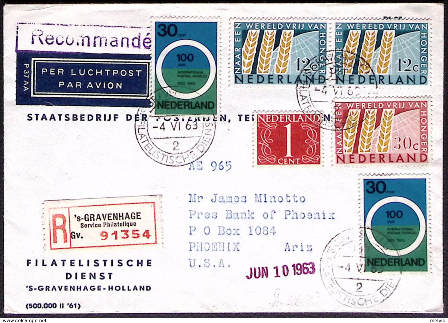 1963-Olanda Raccomandata Diretta In U.S.A. Con Affrancatura Multipla - Covers & Documents