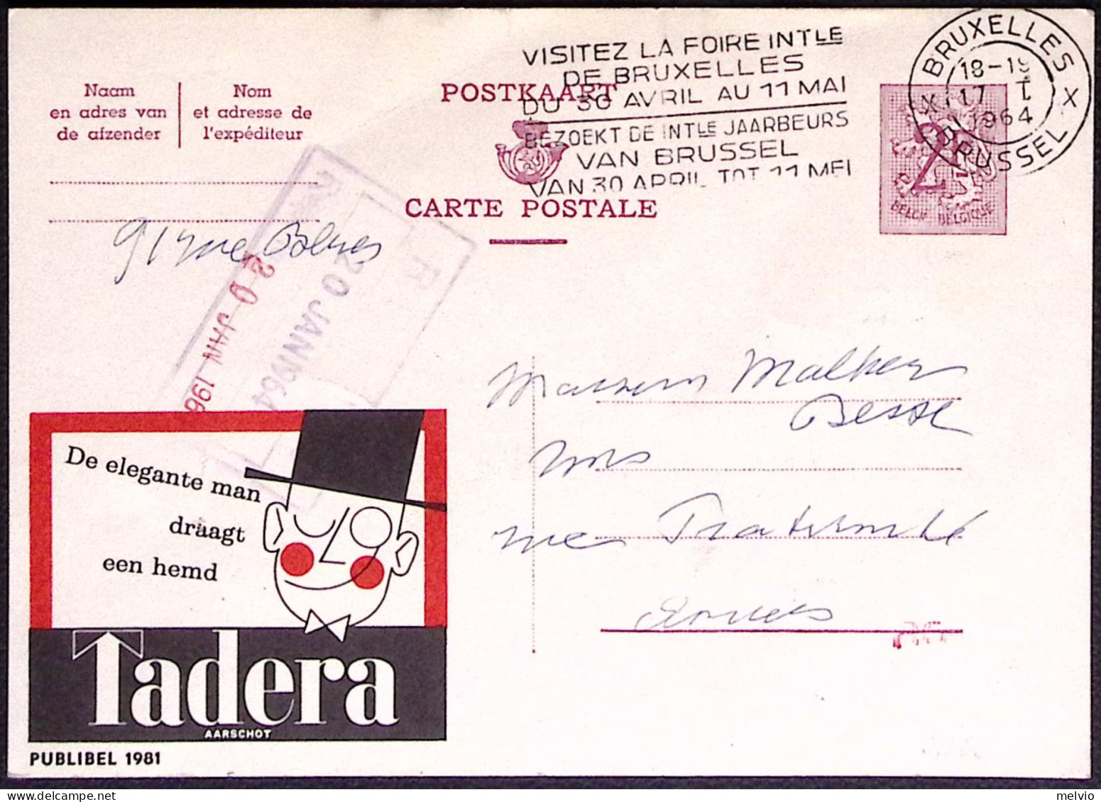 1964-Belgio Intero Postale 2fr. Pubblicità Tadera - Lettres & Documents