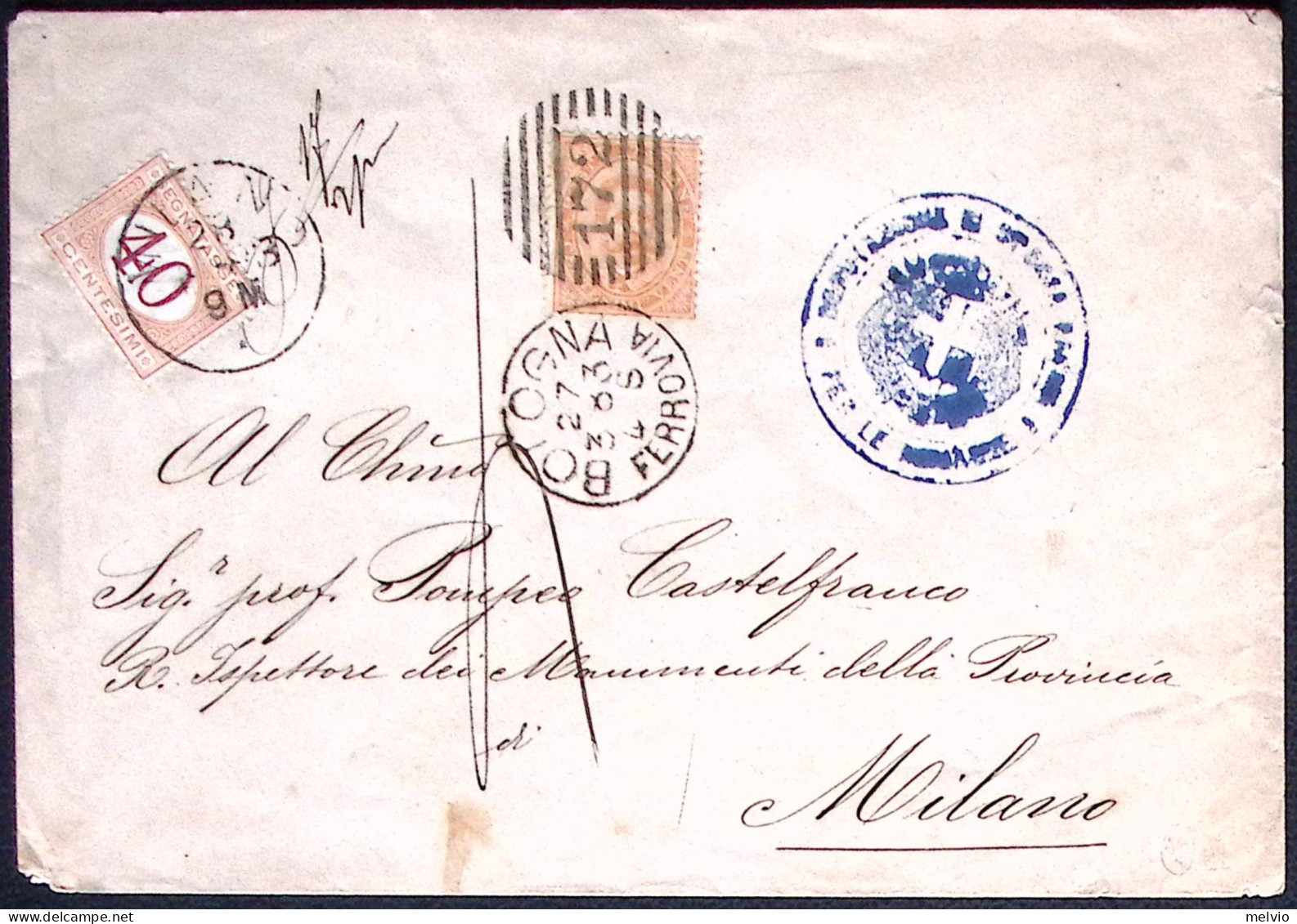 1883-lettera 20c.Umberto I, In Arrivo A Milano Raro Segnatasse 40c. Con Centratu - Marcophilia