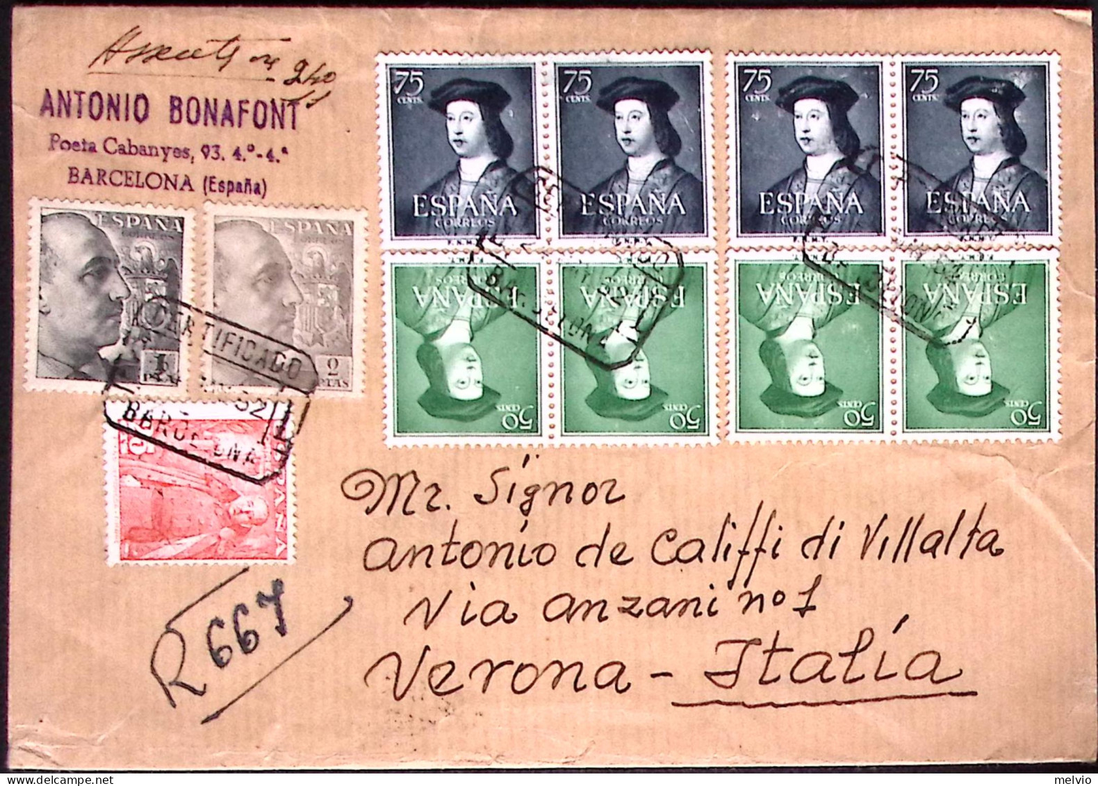 1932-Spagna Raccomandata Diretta In Italia Con Affrancatura Multipla 11 Valori - Covers & Documents