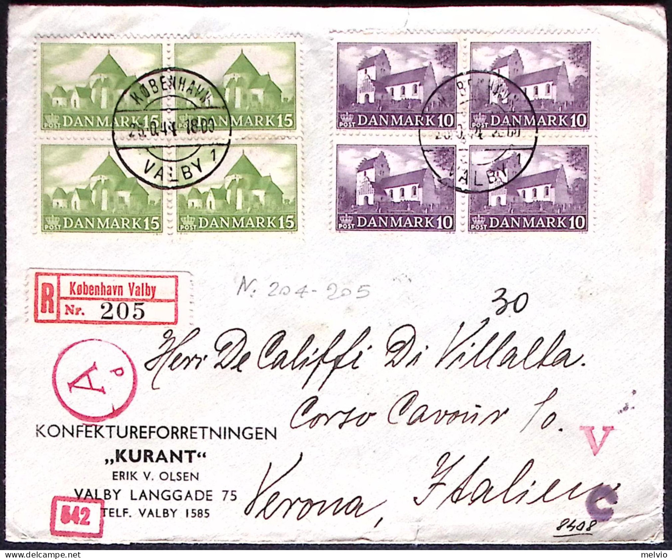 1944-Danimarca Raccomandata Diretta In Italia Affrancata Con 2 Valori In Quartin - Lettres & Documents
