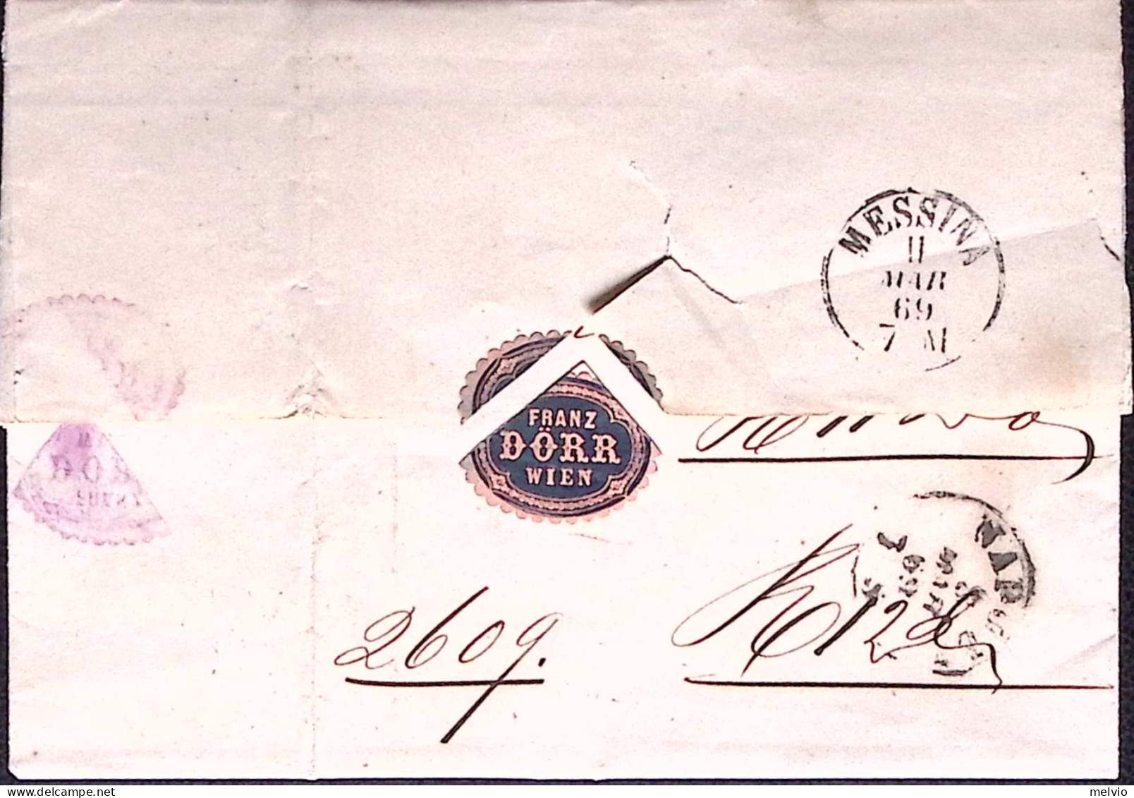1869-Austria Lettera Affr.tre Valori 5 K Diretta A Messina, Manoscritto Via Geno - Covers & Documents
