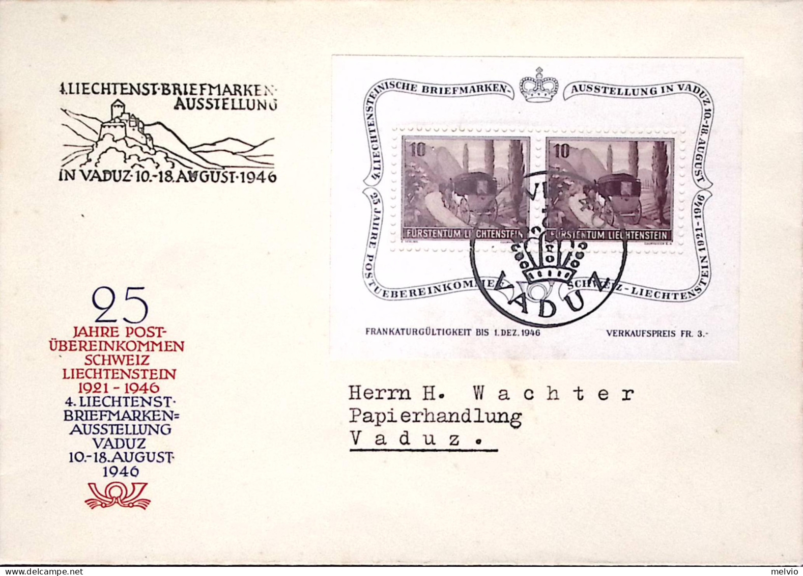 1946-Liechtenstein Foglietto 2 Valori Esposizione Filatelica Vaduz Su Fdc - Lettres & Documents