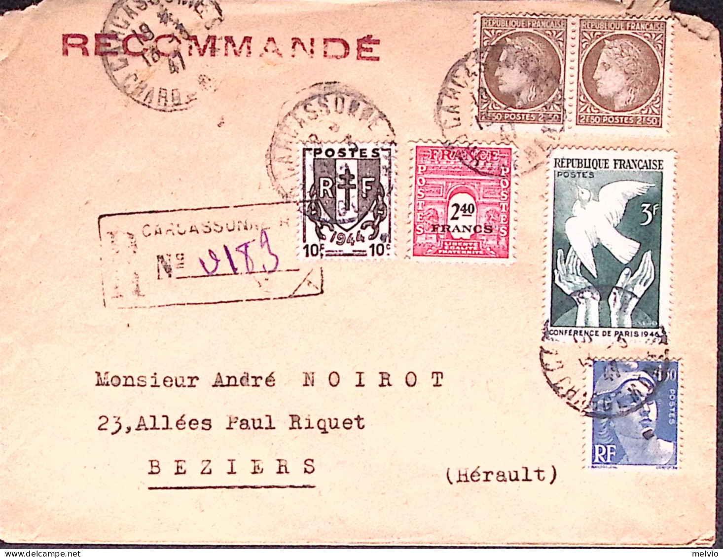 1947-Francia Raccomandata Con Bella Affrancatura Varia Al Verso Chiudilettera "C - Briefe U. Dokumente