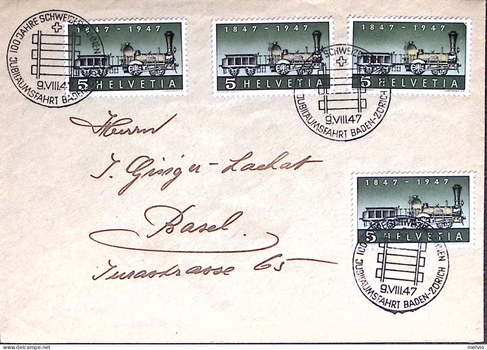 1947-Svizzera Busta Affrancata Quattro Valori Da 5c. Centenario Ferrovia Con Ann - Lettres & Documents