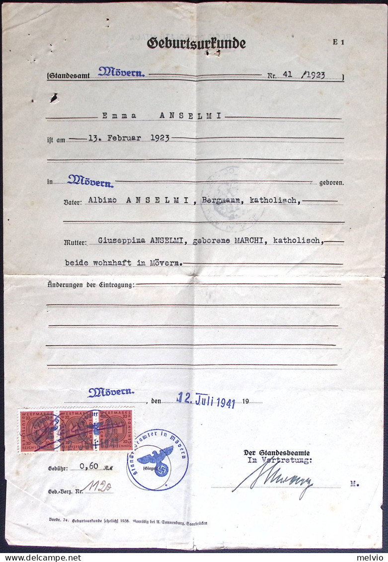 1941-certificato Anagrafe Con Striscia Marche Da Bollo 20 Pf. Con Avvallo Del Re - Marcophilia