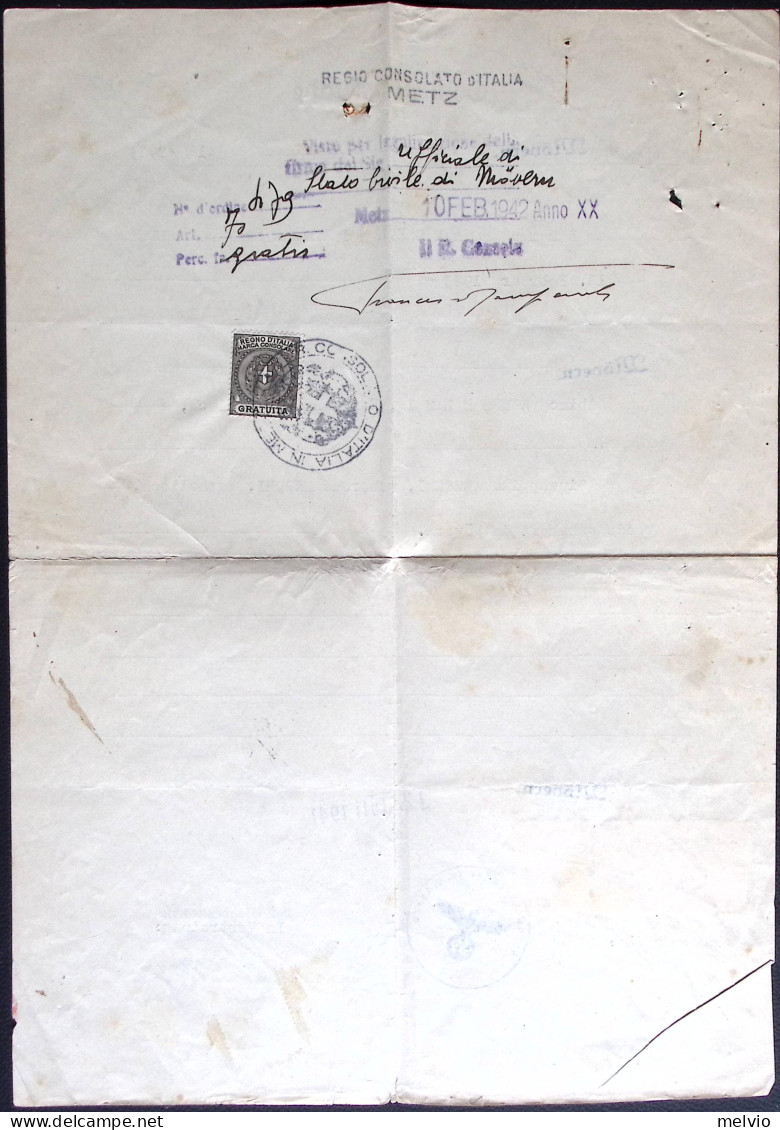 1941-certificato Anagrafe Con Striscia Marche Da Bollo 20 Pf. Con Avvallo Del Re - Poststempel