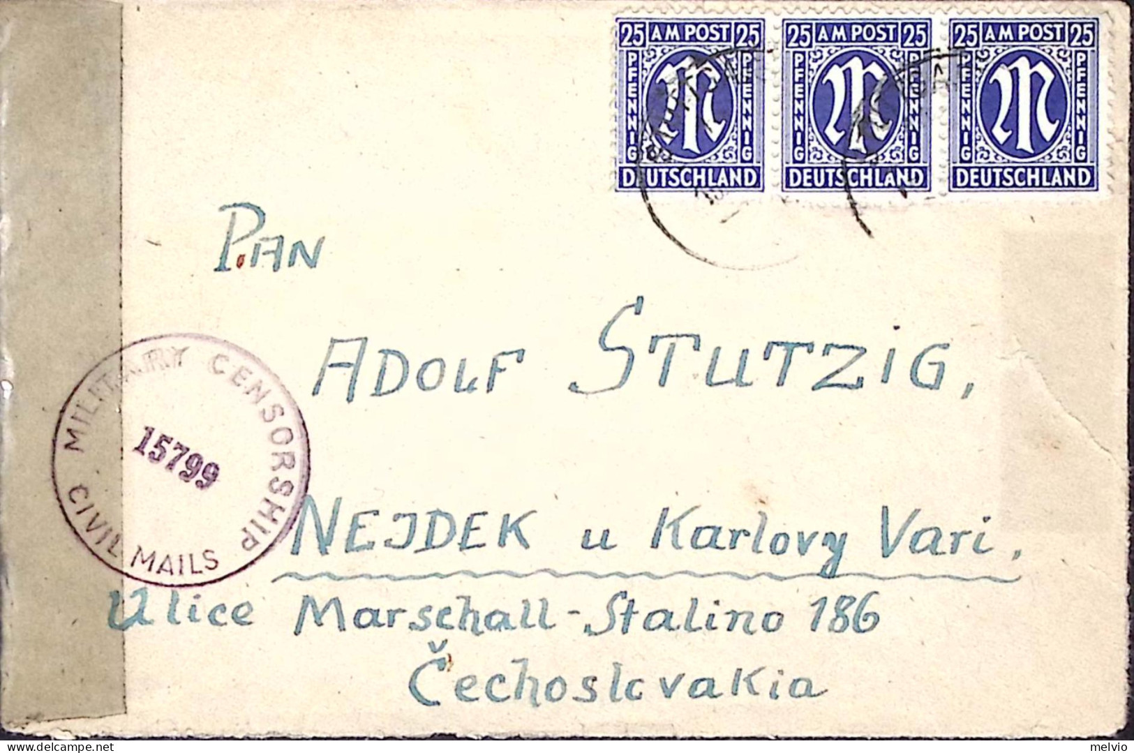 1946-Germania Bizona Lettera Per La Cecoslovacchia Affrancata Striscia 25p.emiss - Lettres & Documents