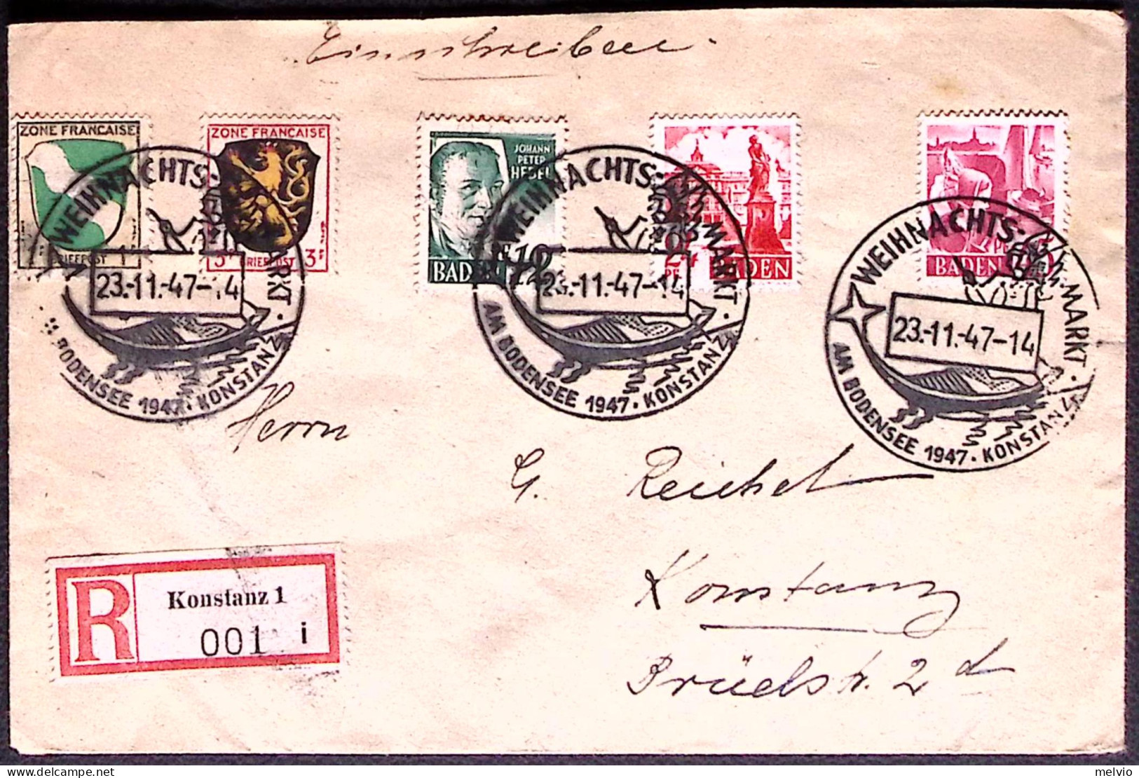 1947-Germania Baden Raccomandata Annullo Weinachts Markt Am Bodensee Konstanz Co - Bade